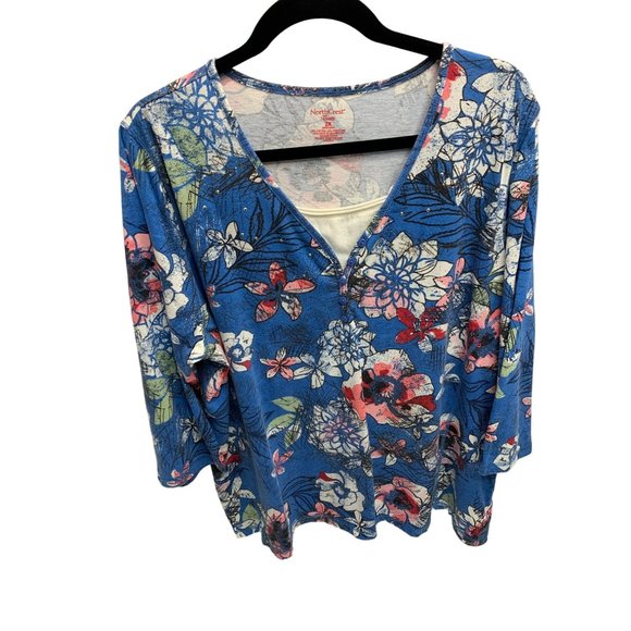 Northcrest Duets Womens Size 2X 20 22W Blue Floral Layered Look Bling Collar - Picture 1 of 3